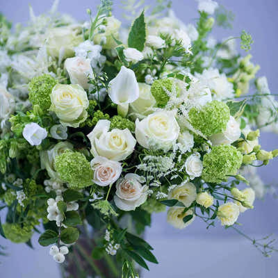 
                    
                      Timeless Whites hand-tied bouquet in white with roses, calla lilies and lisianthus
                    
                  
