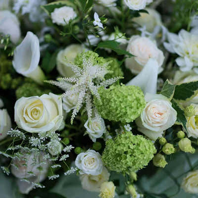 
                    
                      Timeless Whites hand tied bouquet in white with roses, calla lilies and lisianthus
                    
                  