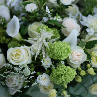 
                    
                      Timeless Whites by Pulbrook and Gould hand tied bouquet in white with roses, calla lilies and lisianthus
                    
                  