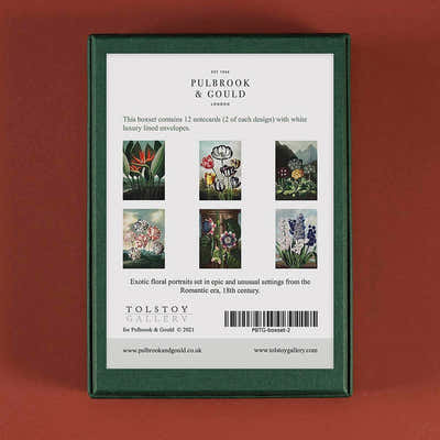 
                    
                      Tolstoy Gallery Greetings Card Box Set- Exotic Flowers by Pulbrook and Gould in green handmade paper box
                    
                  