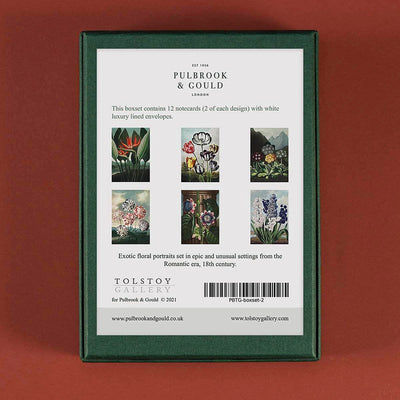 
                    
                      Tolstoy Gallery Greetings Card Box Set- Exotic Flowers by Pulbrook and Gould in green handmade paper box
                    
                  
