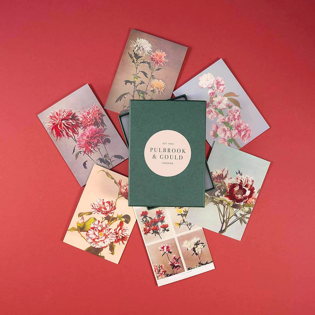 Tolstoy Gallery Greetings Card Box Set Flowers by Pulbrook Gould with floral notecards in a green-lined box