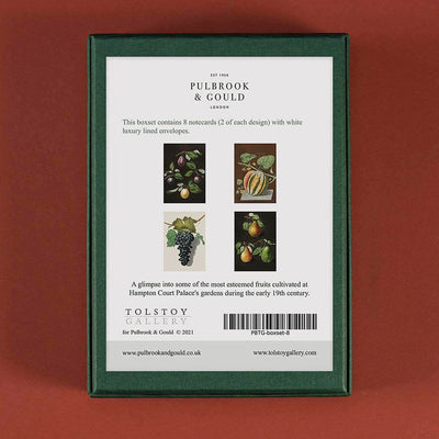 
                    
                      Tolstoy Gallery Greetings Card Box Set Fruits by Pulbrook and Gould in green with illustrated fruit notecards
                    
                  