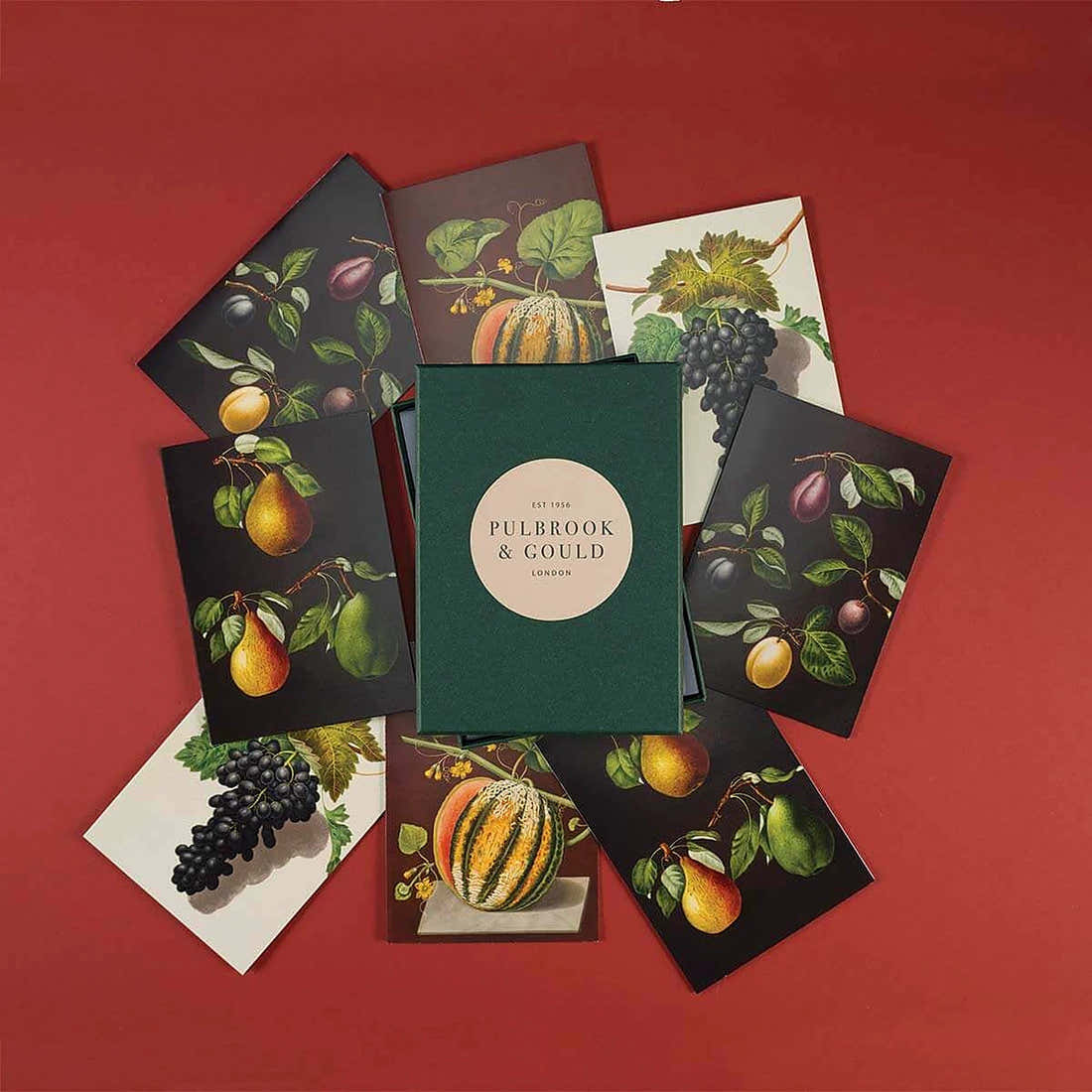 Tolstoy Gallery Greetings Card Box Set Fruits by Pulbrook Gould with illustrated paper card fronts in green
