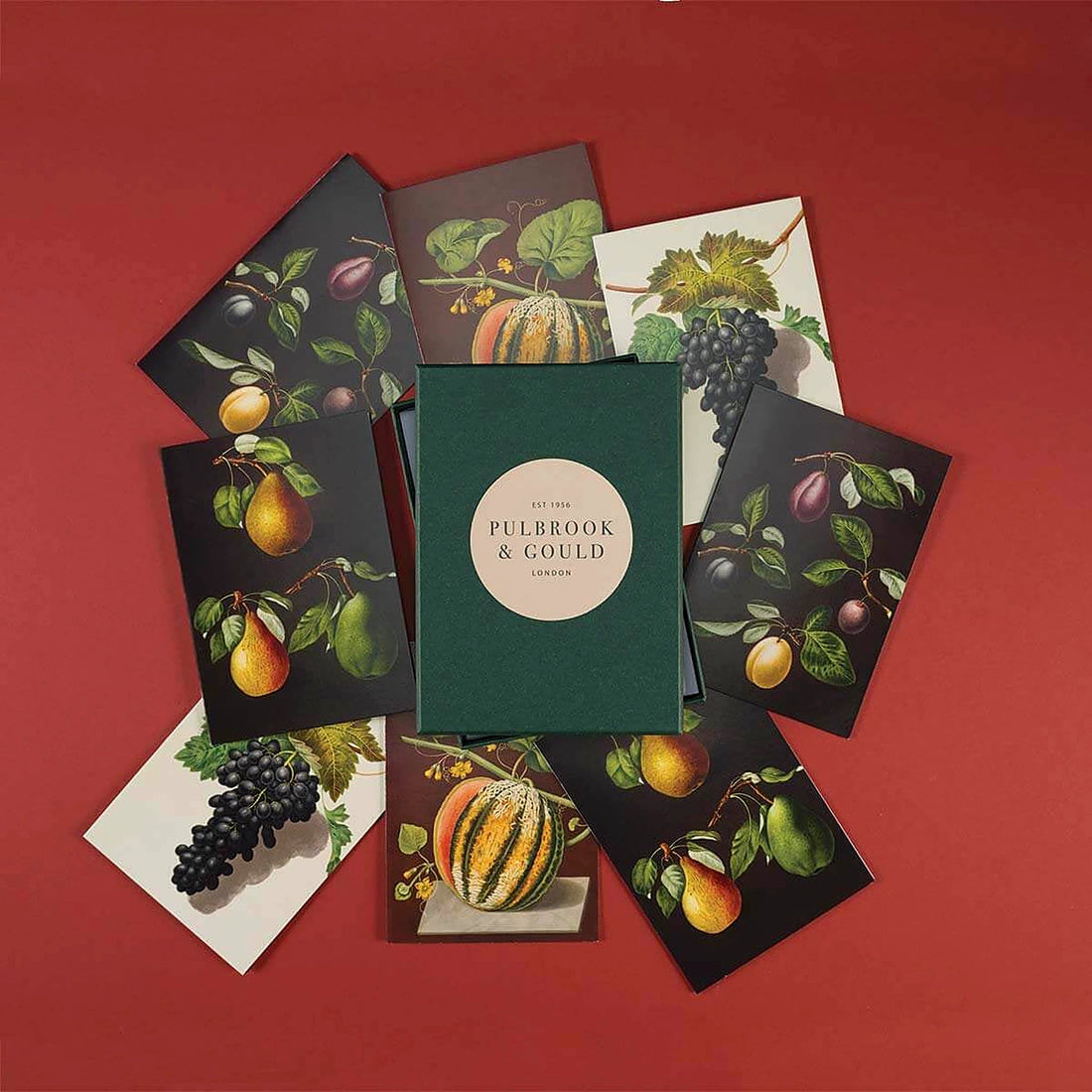 Tolstoy Gallery Greetings Card Box Set Fruits by Pulbrook Gould with illustrated paper card fronts in green