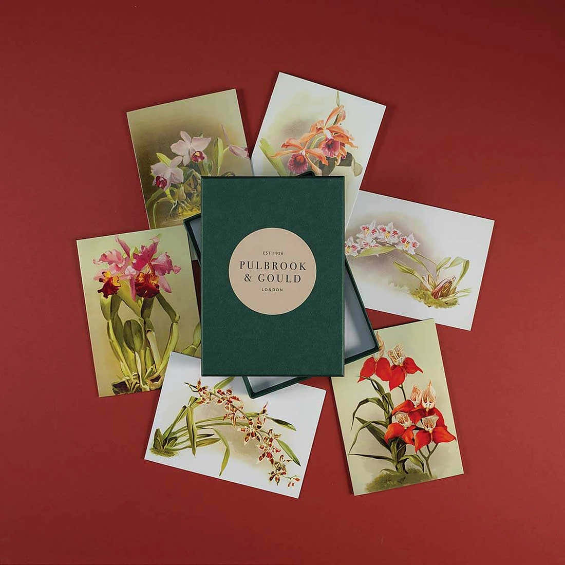 Tolstoy Gallery Greetings Card Box Set- Orchids by Pulbrook Gould in green handmade box