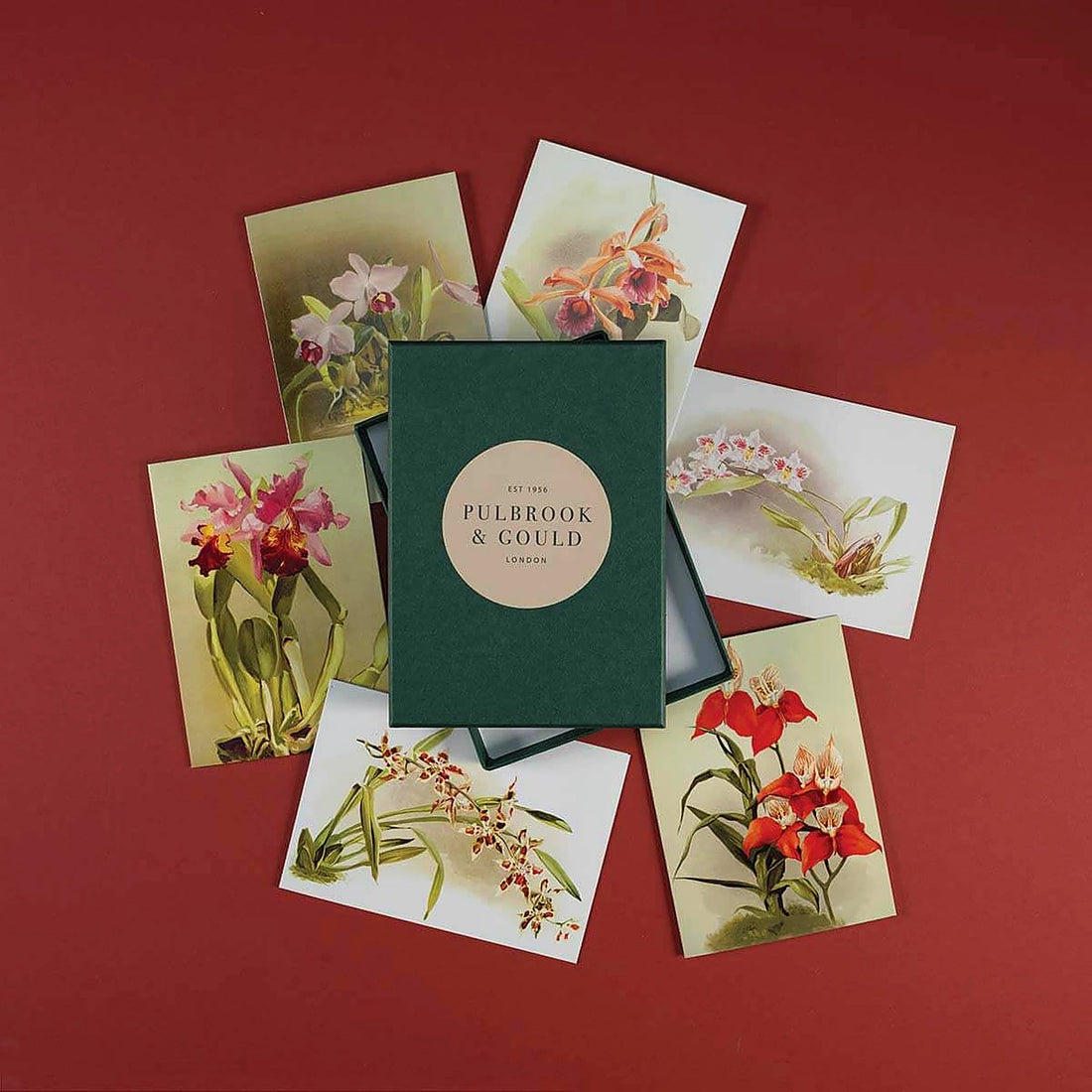 Tolstoy Gallery Greetings Card Box Set- Orchids by Pulbrook Gould in green handmade box
