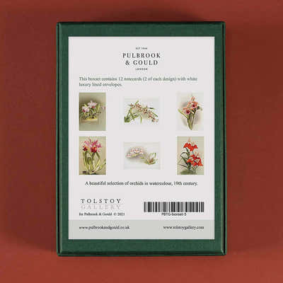 
                    
                      Tolstoy Gallery Greetings Card Box Set- Orchids by Pulbrook Gould, green handmade presentation box with orchids
                    
                  