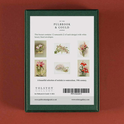 
                    
                      Tolstoy Gallery Greetings Card Box Set- Orchids by Pulbrook Gould, green handmade presentation box with orchids
                    
                  