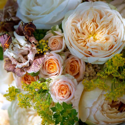 
                    
                      White and Peach Floral Harmony by Pulbrook and Gould hand tied bouquet with roses, astrantia and seasonal greenery
                    
                  