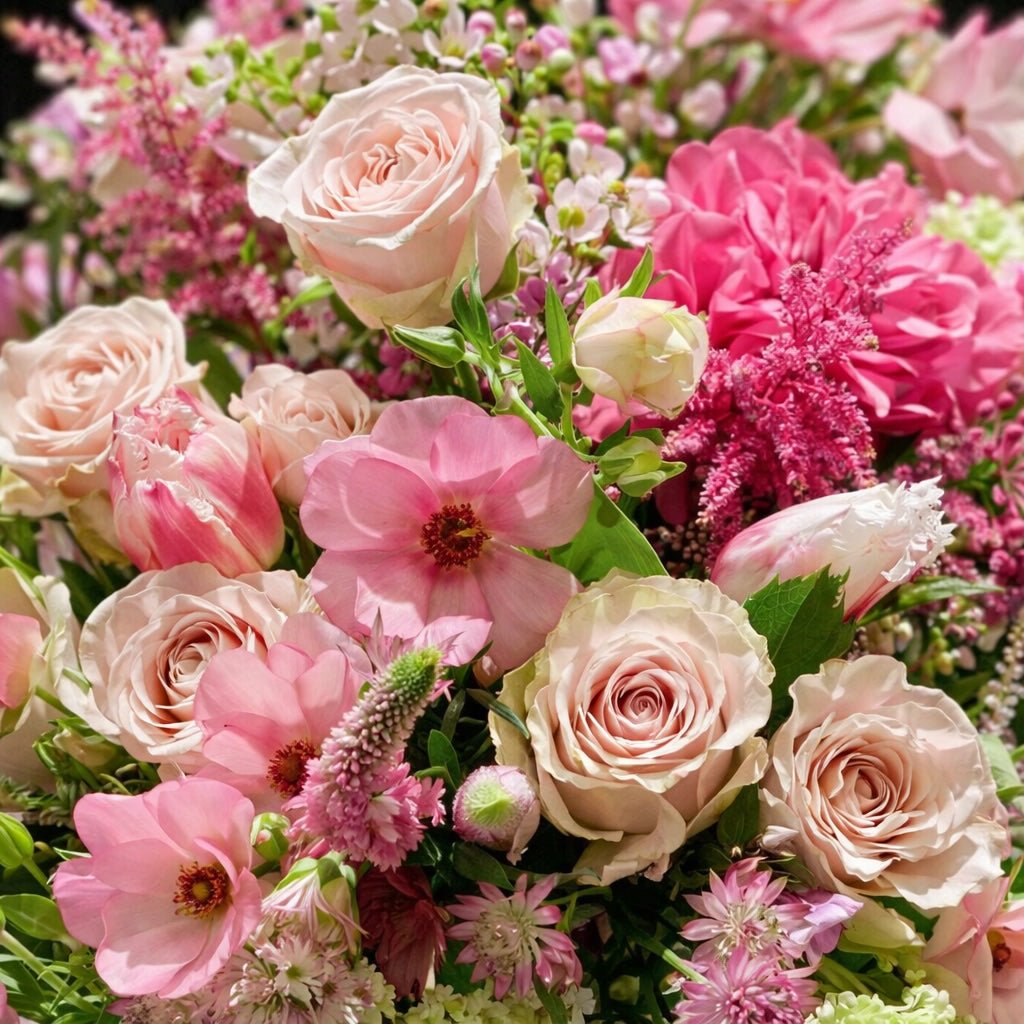 Close-up of You're Sensational Mother's Day hand-tied bouquet — roses, spray roses, scabiosa, astrantia and waxflower by Pulbrook & Gould