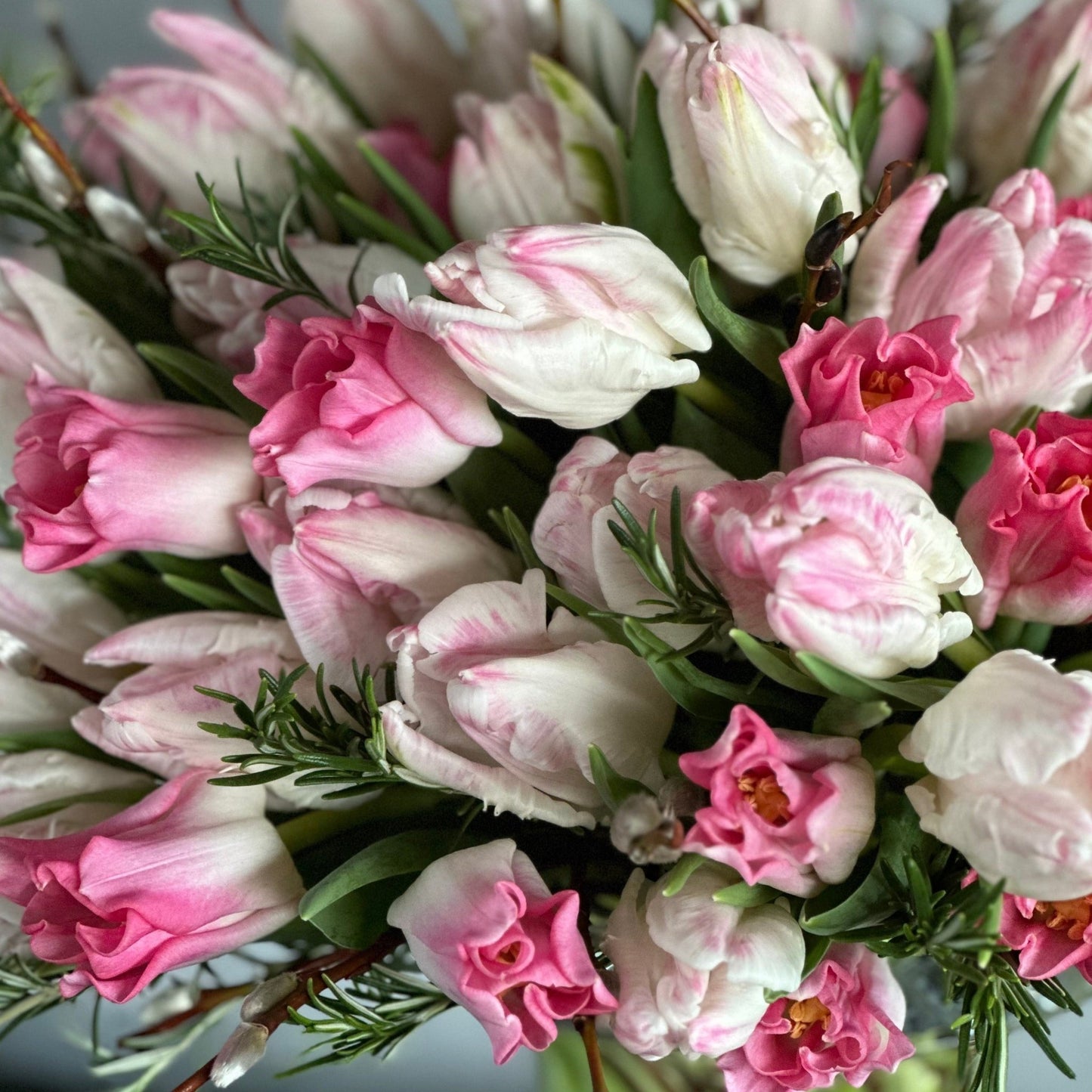 Close-up of pink tulips in Emily bouquet by Pulbrook & Gould