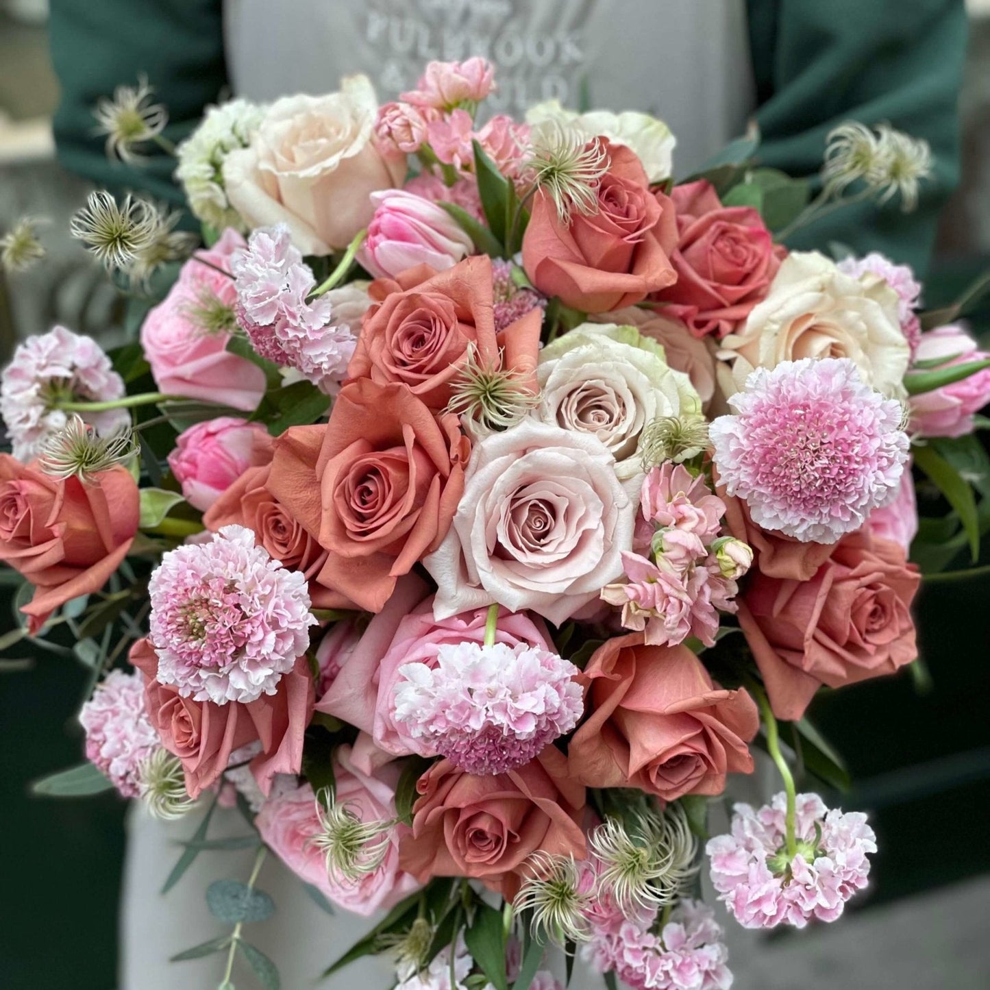 Pastel Perfection Mother's Day bouquet by Pulbrook & Gould — Quicksand roses, pink tulips and blush scabiosa, hand-held